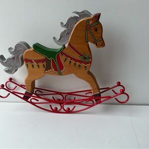 Vintage Wood Rocking Horse Christmas Decor Red Metal Base Figurine Tabletop